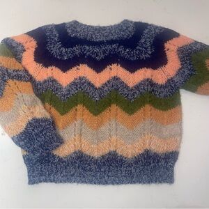 MOTHER Chevron Stripe Crewneck Sweater Alpaca small Navy Peach Tan Gray Cream